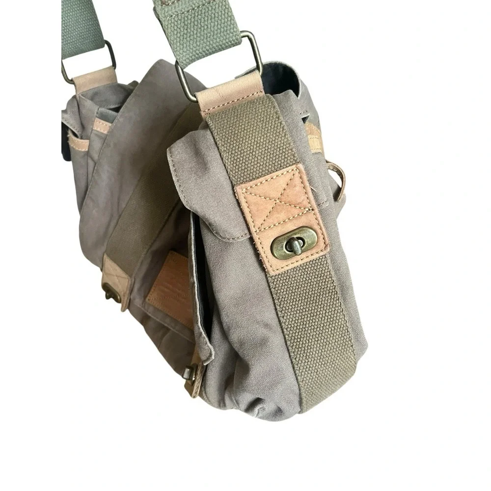 Fossil‎ Military Olive Canvas Leather Messenger Utility Laptop Bag Turnlock